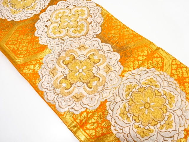 JAPANESE KIMONO / ANTIQUE FUKURO OBI / SILK / WOVEN FLORAL CREST